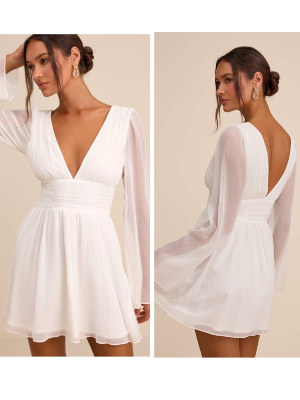 Lulus Cinna Ivory Bell Sleeve Skater Mini Dress Size Large Long Sleeve Bridal